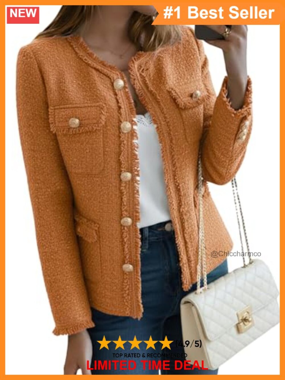 Tweed Blazer Jacket Crewneck Open Front Office Coat Pockets